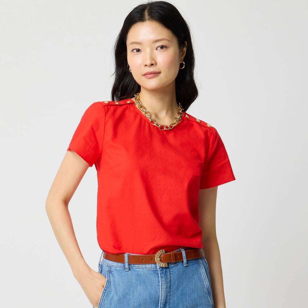 NWT J. Crew Linen-Blend Button-Shoulder Shirt in Red Size M